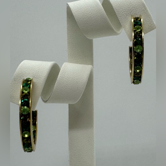 Shades of Green Crystals In/Out Gold Hoop Earrings Made w/ Swarovski Crystals - Picture 3 of 10